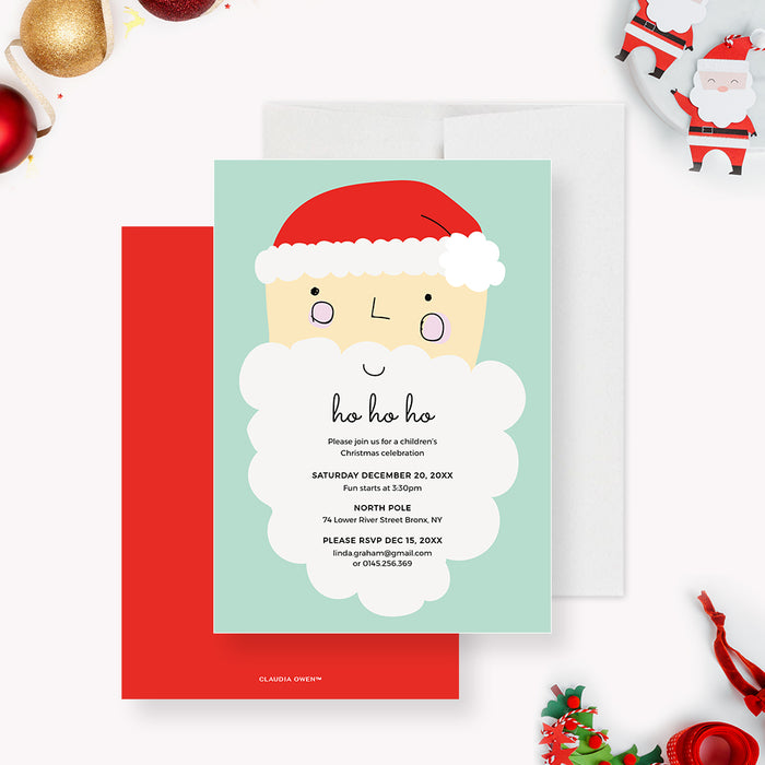 Front and back of the Santa Christmas invitation template, showing the mint green Santa design and a red back.