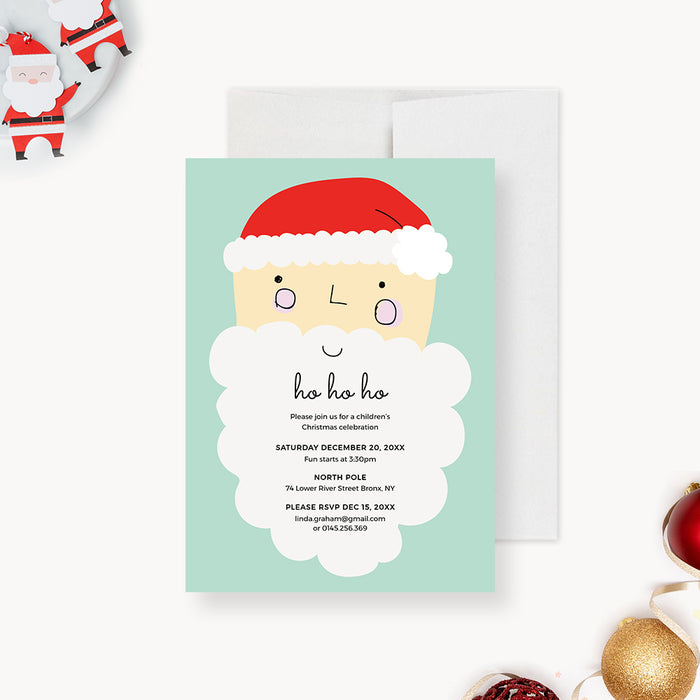 Kids Christmas party invitation template with an illustrated Santa face, red hat and mint green background.