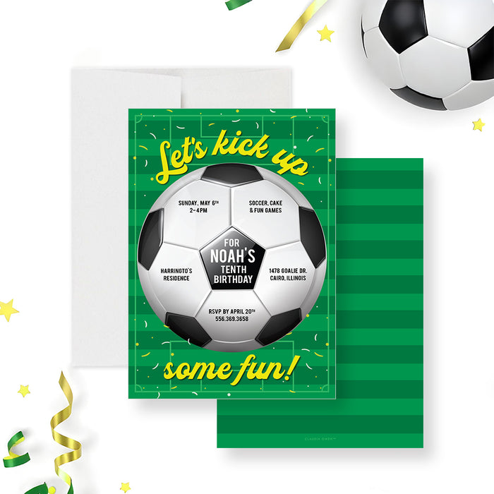 Soccer-themed birthday invitation with a green field background and personalized party details inside a soccer ball-front-back