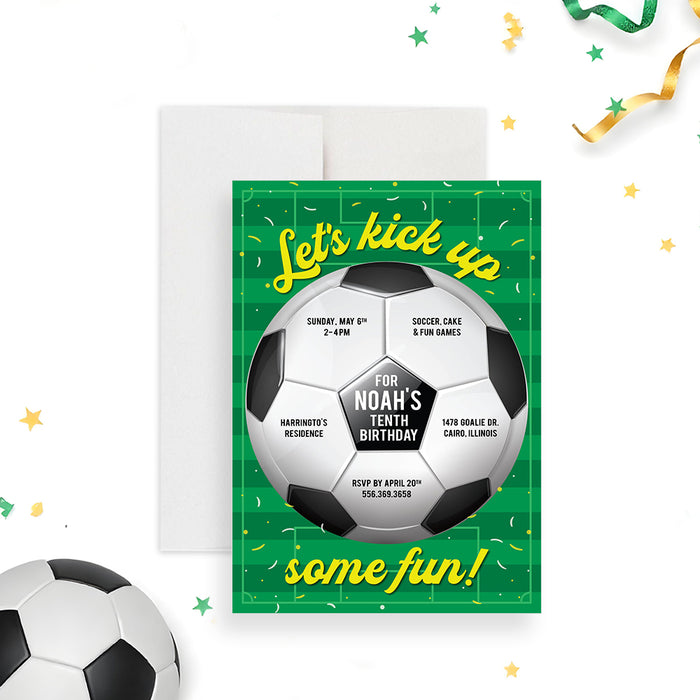 Soccer-themed birthday invitation with a green field background and personalized party details inside a soccer ball-front