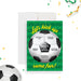 Soccer-themed birthday invitation with a green field background and personalized party details inside a soccer ball-front