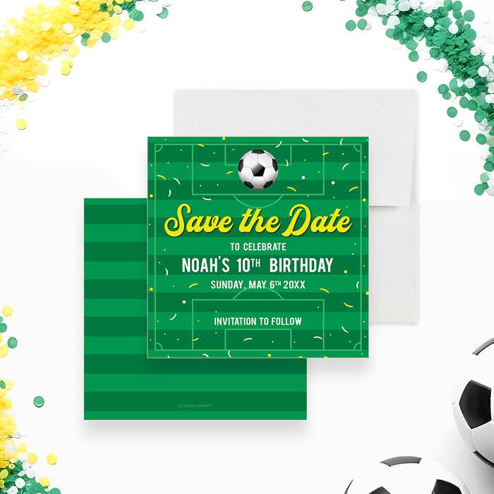 Soccer-themed save the date birthday card with green field background and soccer ball design-front-back
