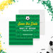 Soccer-themed save the date birthday card with green field background and soccer ball design-front-back
