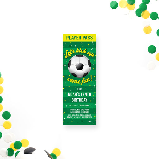 Soccer player pass ticket invitation with green field design and soccer ball for kids' birthday party