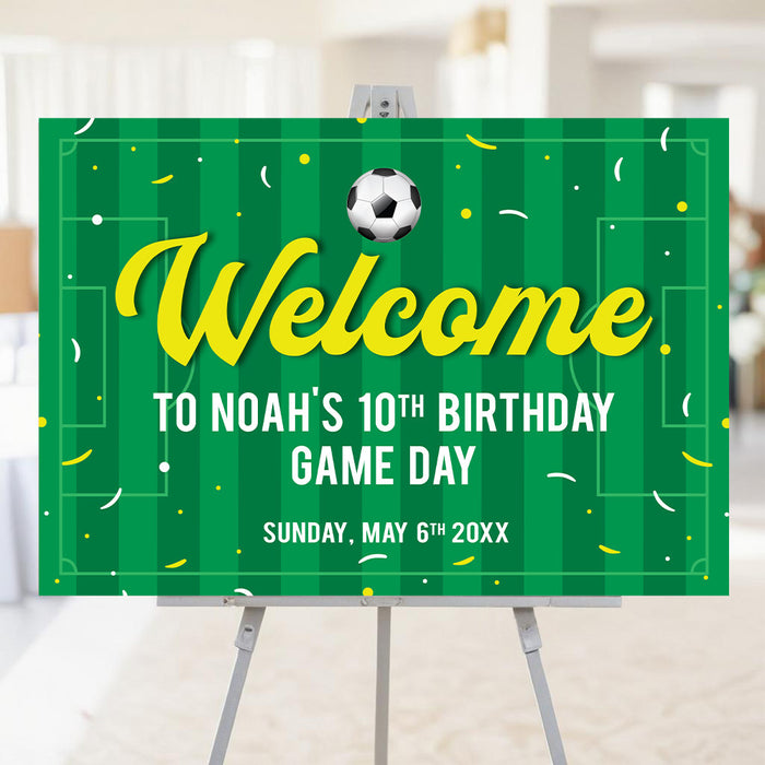 Personalized soccer birthday welcome sign with a green soccer field background and a soccer ball design