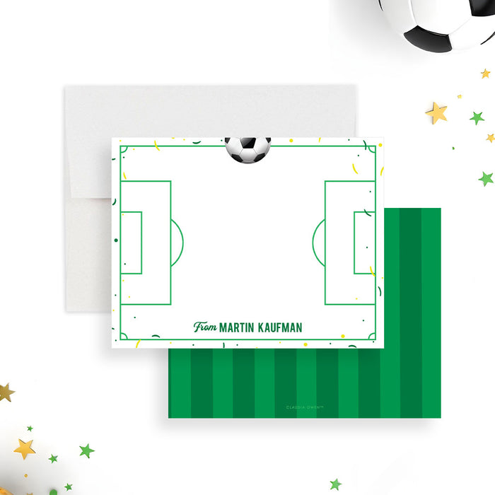 Personalized soccer field note card with green field design and soccer ball illustration-front-back