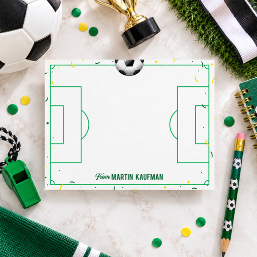 Personalized soccer field note card with green field design and soccer ball illustration-front