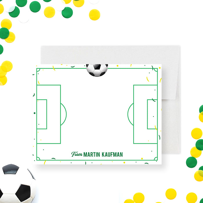 Personalized soccer field note card with green field design and soccer ball illustration-front
