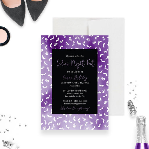 Ladies Night Out invitation with a purple stiletto pattern and black central text panel.