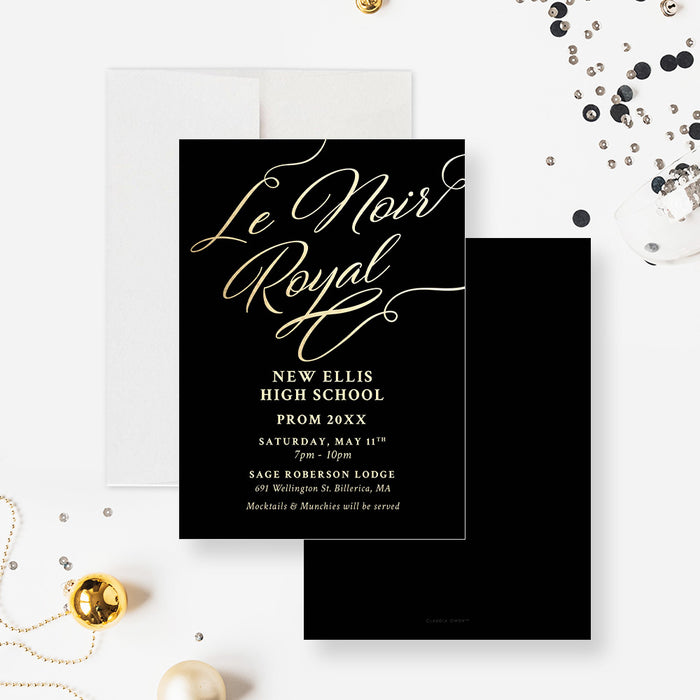 Le Noir Royal High School Prom Invitation Card in Black and Gold, Elegant Prom Night Invitations