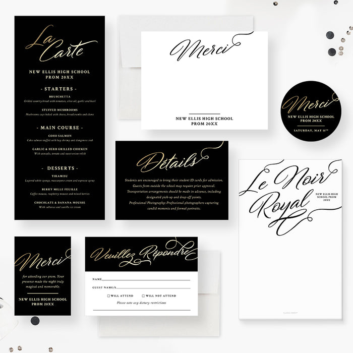 Le Noir Royal High School Prom Invitation Card in Black and Gold, Elegant Prom Night Invitations