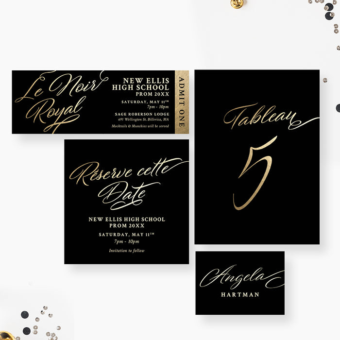 Le Noir Royal High School Prom Invitation Card in Black and Gold, Elegant Prom Night Invitations