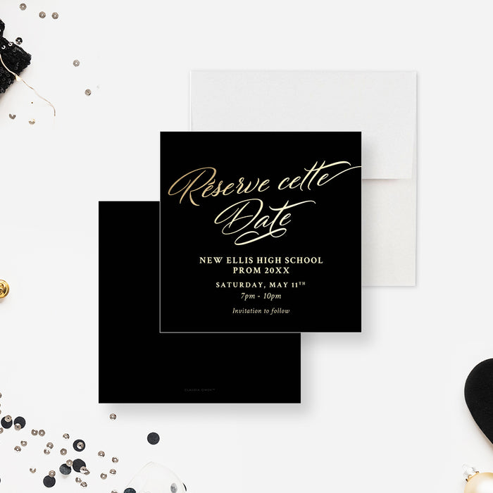 Le Noir Royal High School Prom Save the Date Card in Black and Gold, Elegant Junior and Senior Prom Night Reserve Cette Date