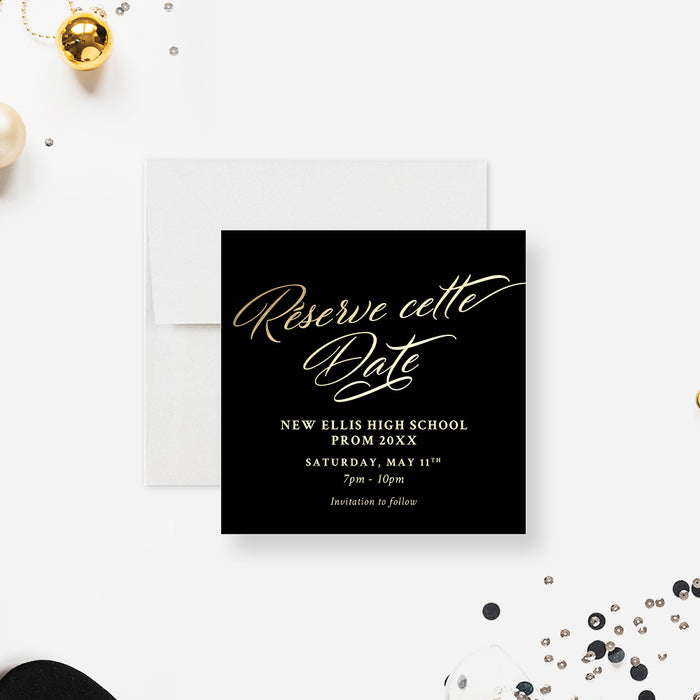 Le Noir Royal High School Prom Save the Date Card in Black and Gold, Elegant Junior and Senior Prom Night Reserve Cette Date