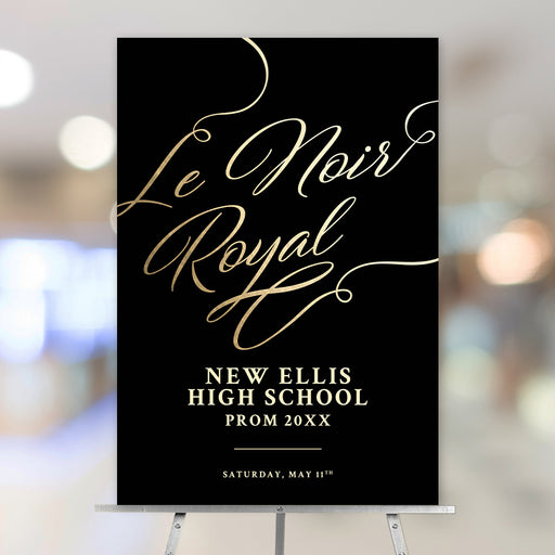 Elegant black and gold prom welcome sign with personalized text for school events, perfect for prom decor and stylish event signage.