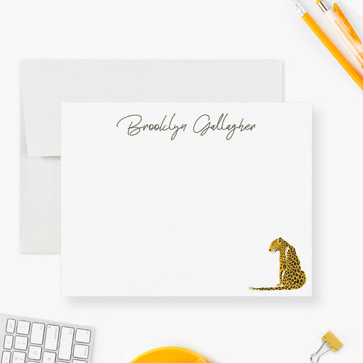 Personalized leopard print note card with cheetah illustration