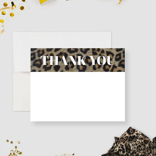 Leopard print thank you card with bold black “Thank You” text perfect for birthdays, parties, or stylish personal notes.