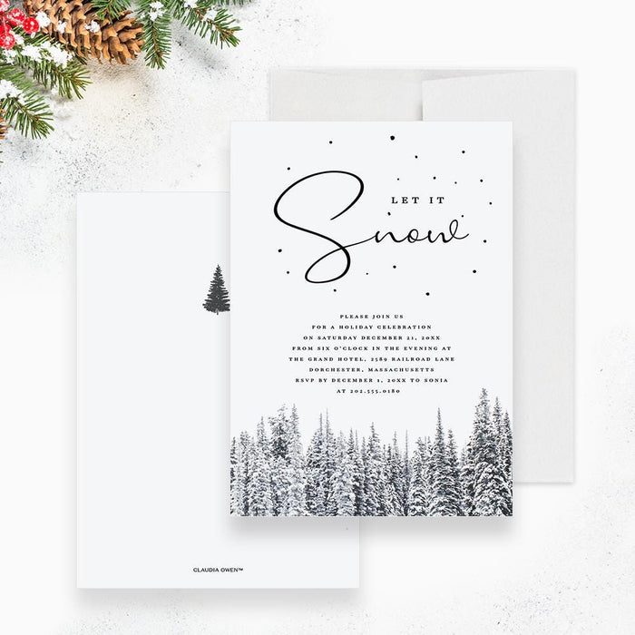 minimal winter holiday invitation featuring let it snow script black text scattered snow dots and snowy pine trees at bottom