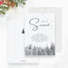 minimal winter holiday invitation featuring let it snow script black text scattered snow dots and snowy pine trees at bottom