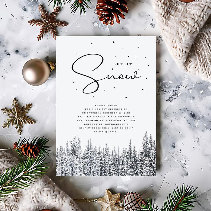 minimal winter holiday invitation featuring let it snow script black text scattered snow dots and snowy pine trees at bottom