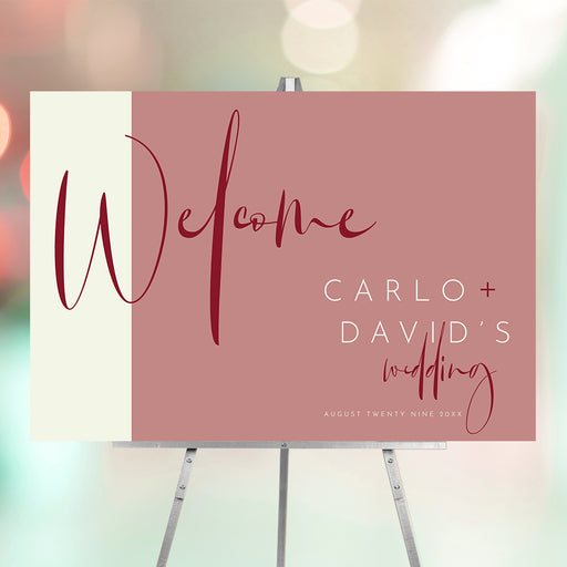 Blush and cream personalized wedding welcome sign featuring elegant script, customizable with names and date. Ideal for LGBT weddings and milestone celebrations.