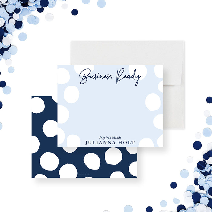 personalized thank you card with soft blue background, white polka dots, navy script lettering, and custom business name-front-back