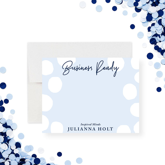 personalized thank you card with soft blue background, white polka dots, navy script lettering, and custom business name-front