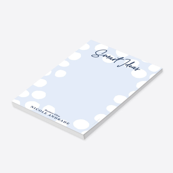 personalized notepad with soft blue background, white polka dots, navy script lettering, and custom name for office notes and business organization-side
