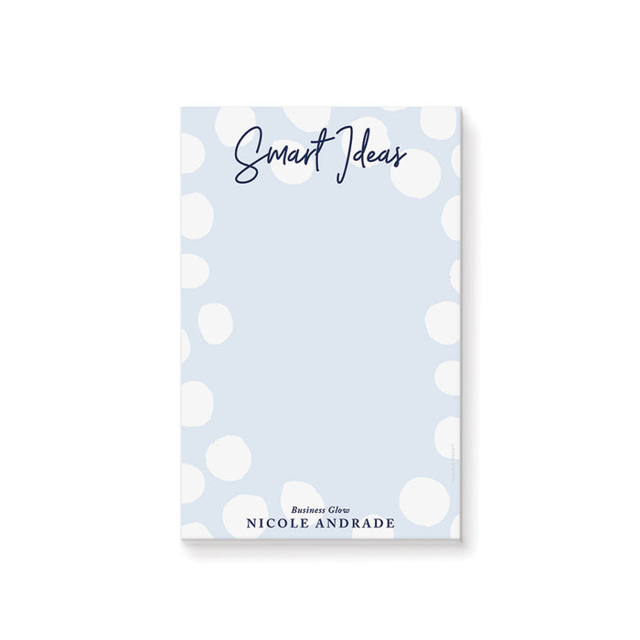personalized notepad with soft blue background, white polka dots, navy script lettering, and custom name for office notes and business organization