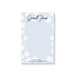 personalized notepad with soft blue background, white polka dots, navy script lettering, and custom name for office notes and business organization