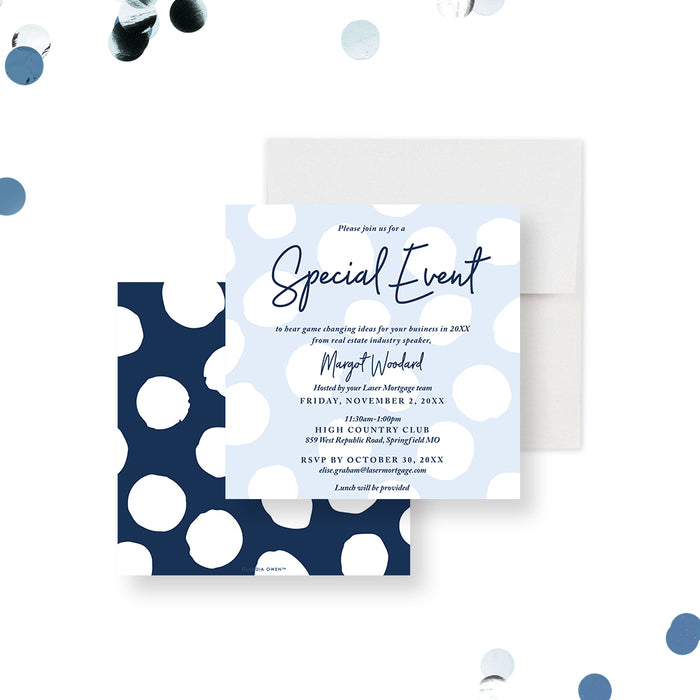 modern corporate event invitation with soft blue background, polka dot design, and professional special event details-front-back
