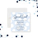 modern corporate event invitation with soft blue background, polka dot design, and professional special event details-front