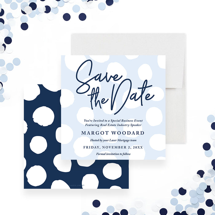 corporate event save the date card with soft blue background, polka dots design, navy script lettering, and business event details-front-back