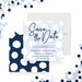 corporate event save the date card with soft blue background, polka dots design, navy script lettering, and business event details-front-back