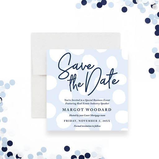 corporate event save the date card with soft blue background, polka dots design, navy script lettering, and business event details-front