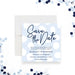 corporate event save the date card with soft blue background, polka dots design, navy script lettering, and business event details-front