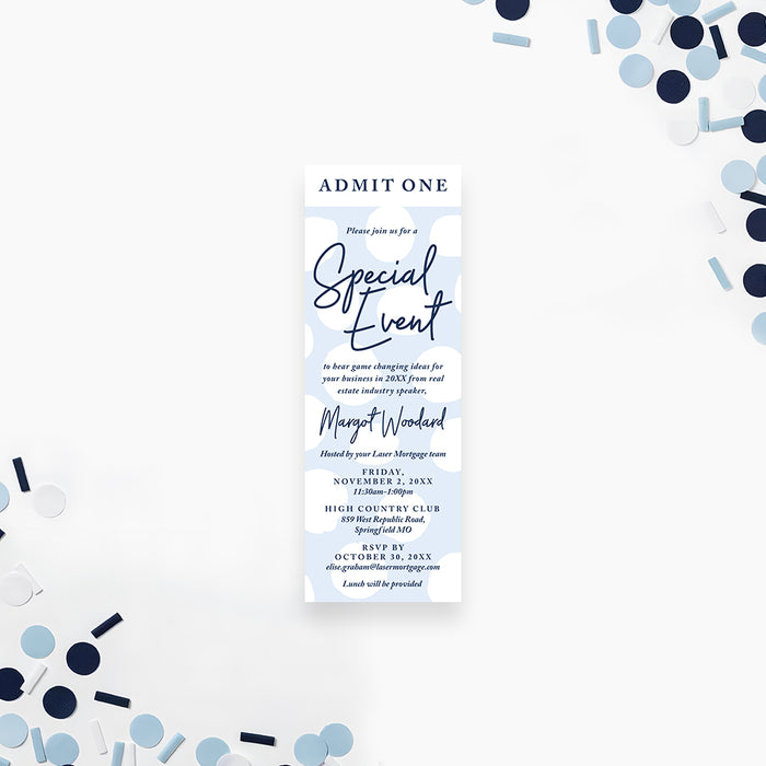 special event ticket invitation with a light blue dot pattern, navy lettering, and business event details in a tall vertical layout