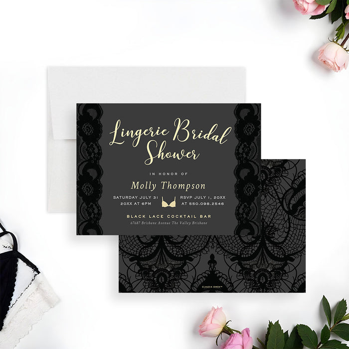 Elegant bridal shower invitation with black lace accents, perfect for a sophisticated bachelorette party or bride-to-be celebration-front-back