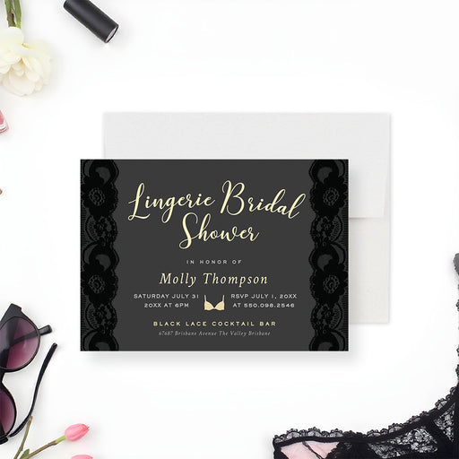 Elegant bridal shower invitation with black lace accents, perfect for a sophisticated bachelorette party or bride-to-be celebration-front