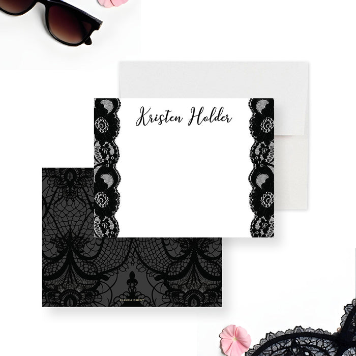 Lingerie bridal shower thank you card with black lace design personalized party stationery-front-back