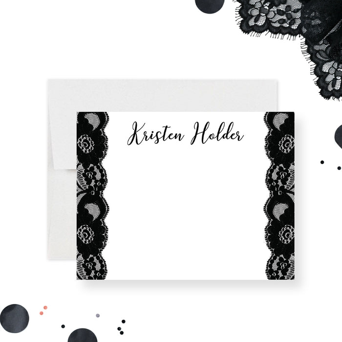 Lingerie bridal shower thank you card with black lace design personalized party stationery-front