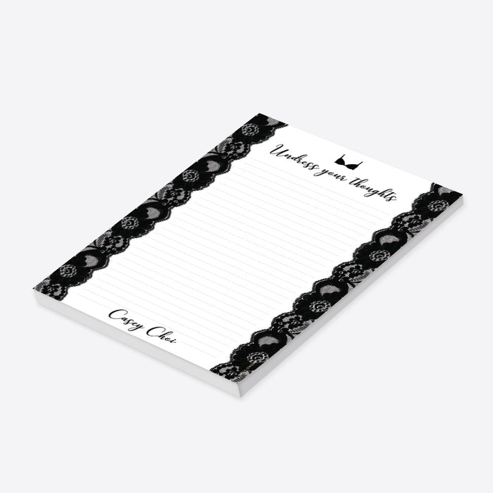 Personalized lingerie bridal shower notepad party favor gift with black lace design-side