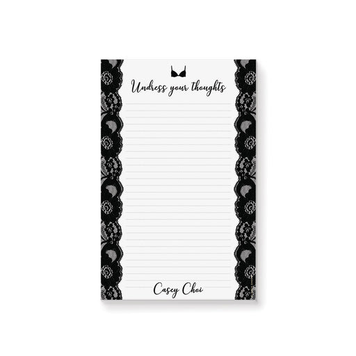 Personalized lingerie bridal shower notepad party favor gift with black lace design