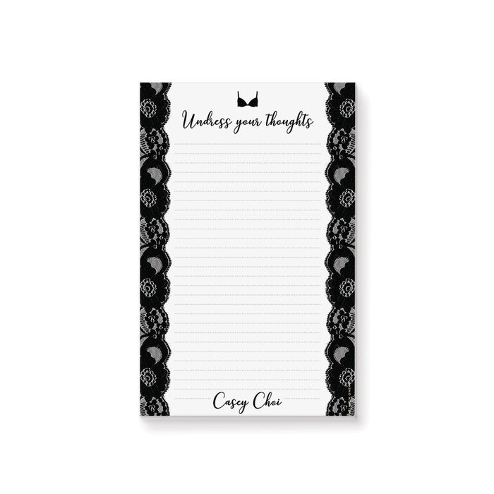 Personalized lingerie bridal shower notepad party favor gift with black lace design