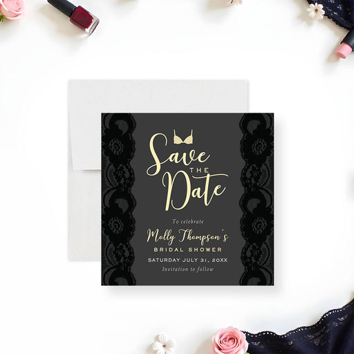 Black lace lingerie bridal shower save the date card elegant bachelorette party invite-front