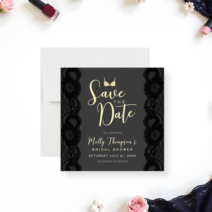 Black lace lingerie bridal shower save the date card elegant bachelorette party invite-front