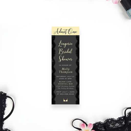Personalized lingerie bridal shower ticket invitation with black lace design for girls’ night and bachelorette party celebrations.