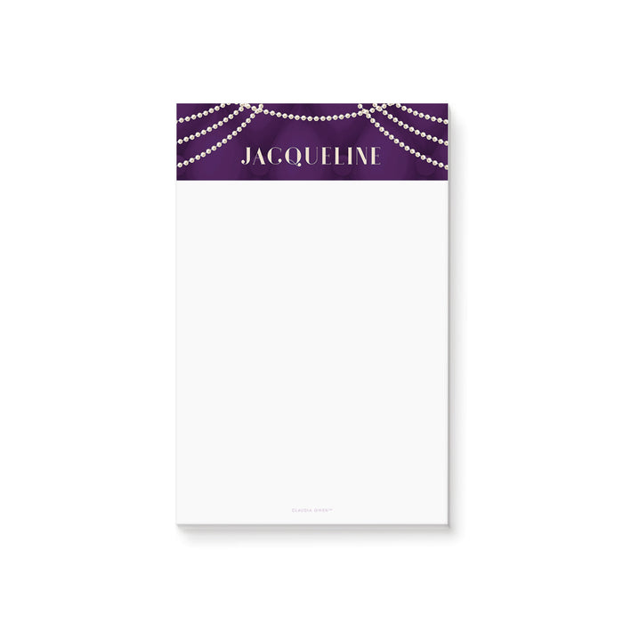 Elegant personalized purple notepad featuring ivory pearls