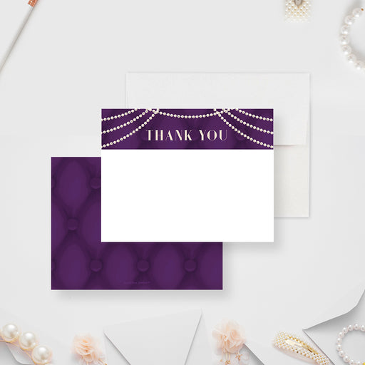 Elegant thank you card featuring ivory pearls on a tufted purple background