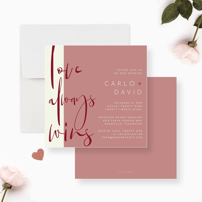 Love Always Win LGBT Wedding Invitation Card, Minimalist Gay Couple Shower Invitations, Modern Invites for Gay Wedding Celebration